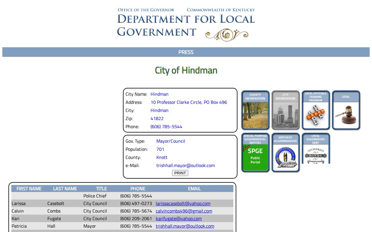 Kentucky Department for Local Government Hindman city contact page