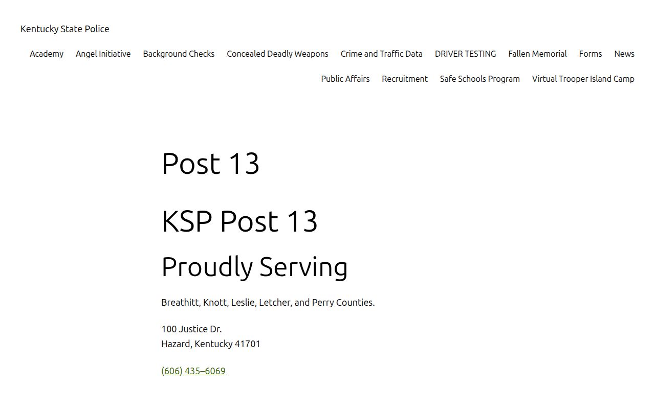 Kentucky State Police Post 13 page showing service for Knott County