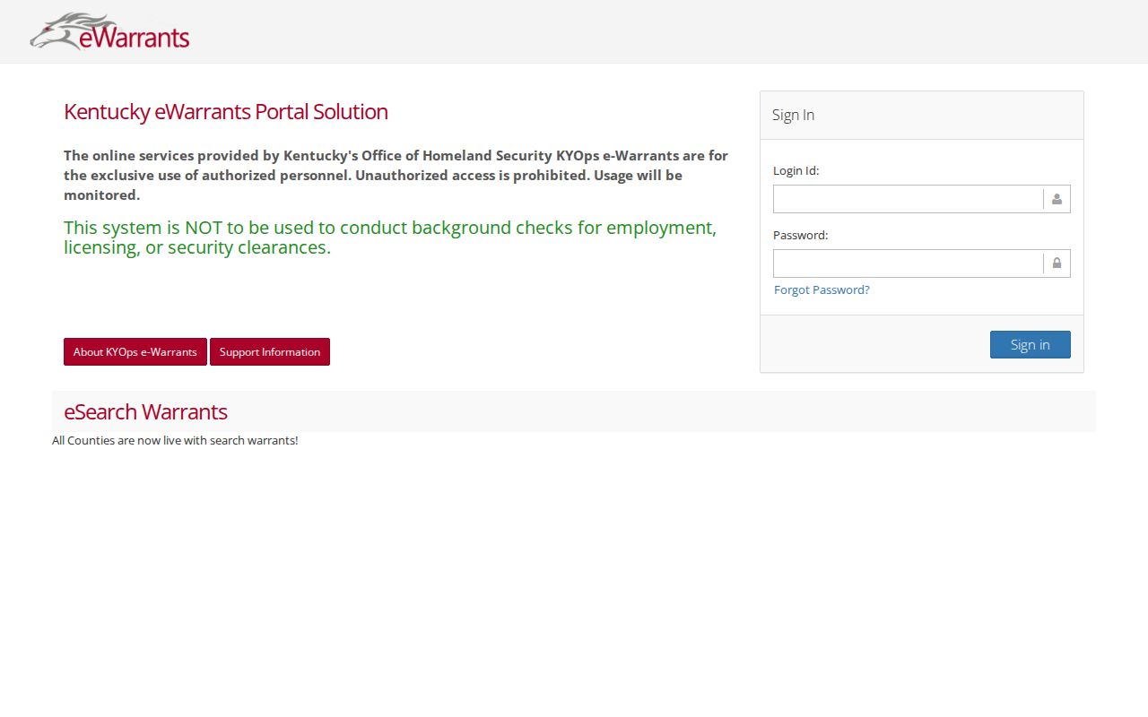 Kentucky eWarrants authorized personnel login page