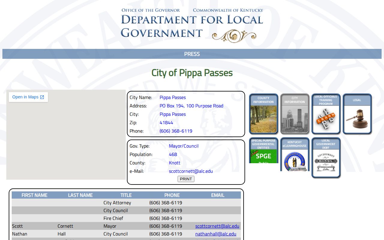 Kentucky Department for Local Government Pippa Passes city contact page