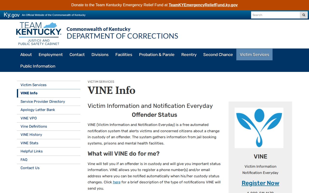 Kentucky Department of Corrections VINE registration information