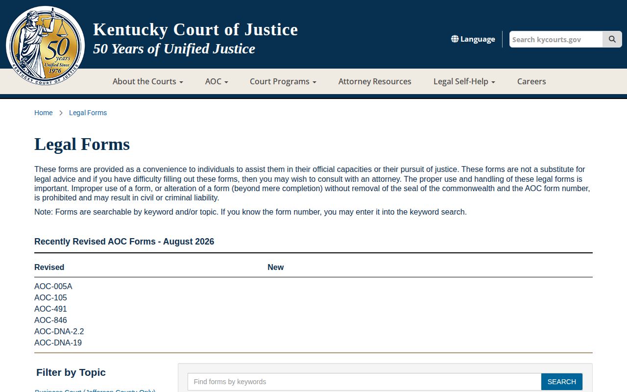 Kentucky Court of Justice legal forms page for expungement filings